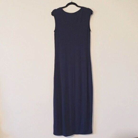 Joan Vass Navy Midi Dress Cap Sleeeve Stretch Jersey Knit Medium - Picture 2 of 6